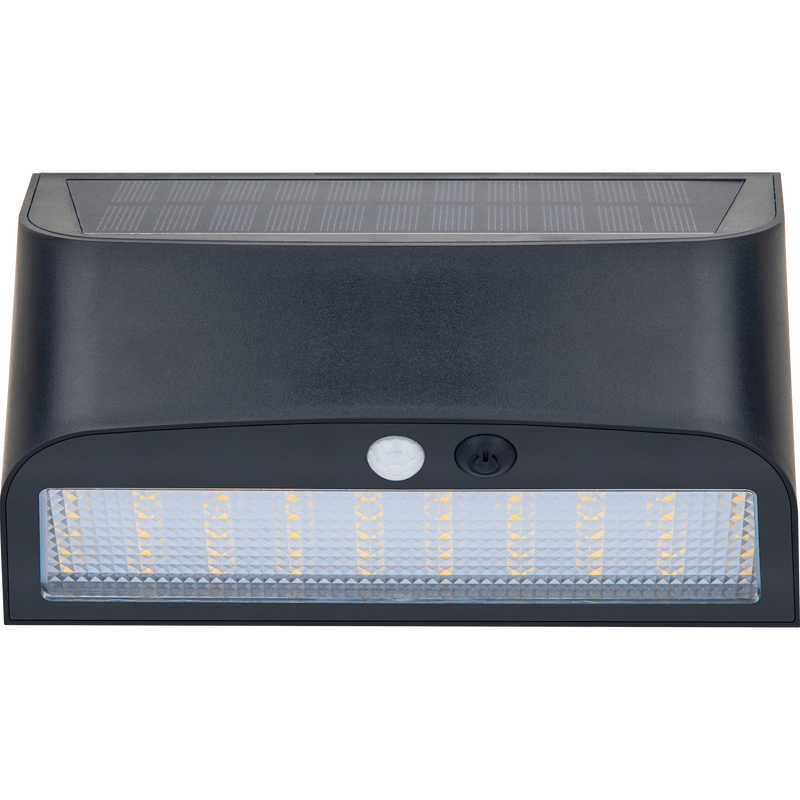 Luceco Prysm Wall Light - Prysm Decorative Outdoor Solar Wall Light with PIR Motion Sensor and USB Charging Port, LED Exterior Lighting, Black, IP54, 6W, 600lm, 4000K
