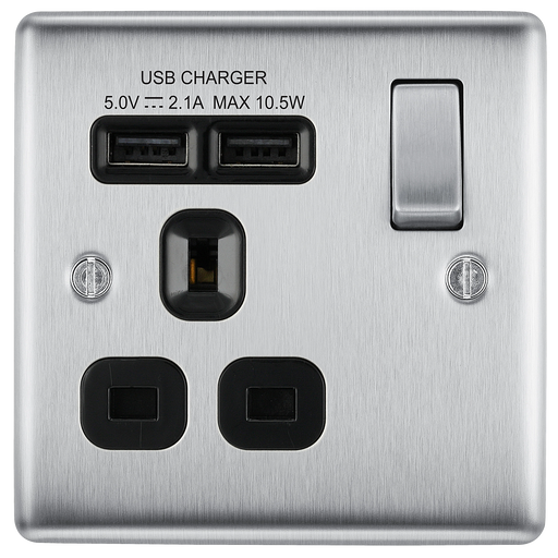 BG Electrical Nexus Metal Brushed Steel - Single switched, single pole, with 2 x USB A