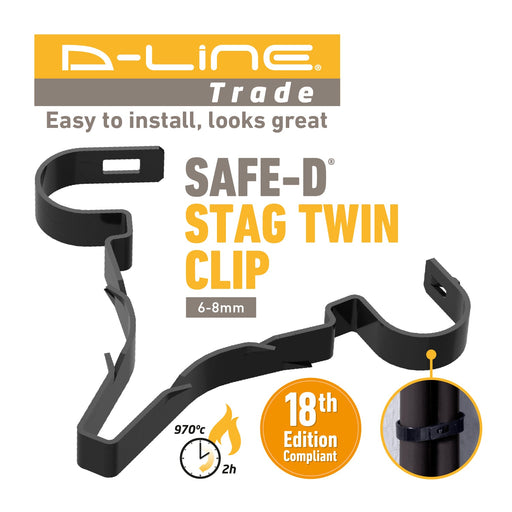 D-Line Fire Clip - Safe-D Stag-Clip for 2x 6-8mm φ cables. Twin, Black - Pack of 50