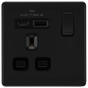 BG Electrical Flatplate Screwless Matt Black - Single, switched, single pole, with 1 x USB A + 1 x USB C