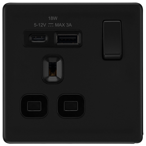 BG Electrical Flatplate Screwless Matt Black - Single, switched, single pole, with 1 x USB A + 1 x USB C