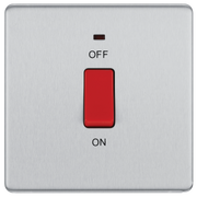 BG Electrical Flatplate Screwless Brushed Steel - 45A, double pole, single plate, with indicator
