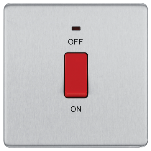 BG Electrical Flatplate Screwless Brushed Steel - 45A, double pole, single plate, with indicator