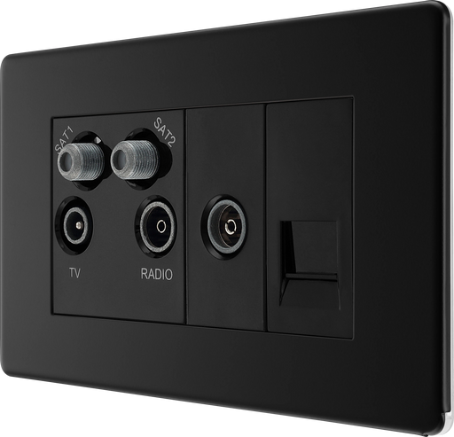 BG Electrical Flatplate Screwless Matt Black - Quadplex 2 x sat, BT outlet and co-ax returned - screened