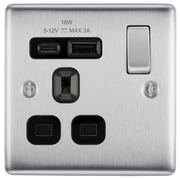 BG Electrical Nexus Metal Brushed Steel - Single, switched, single pole, with 1 x USB A + 1 x USB C