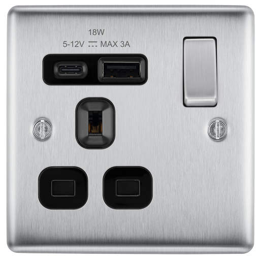 BG Electrical Nexus Metal Brushed Steel - Single, switched, single pole, with 1 x USB A + 1 x USB C