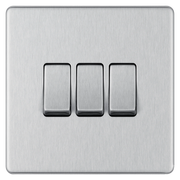 BG Electrical Flatplate Screwless Brushed Steel - Triple, 2 way switch