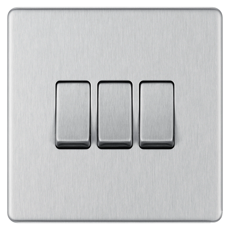 BG Electrical Flatplate Screwless Brushed Steel - Triple, 2 way switch