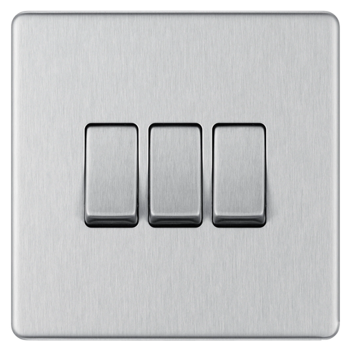 BG Electrical Flatplate Screwless Brushed Steel - Triple, 2 way switch