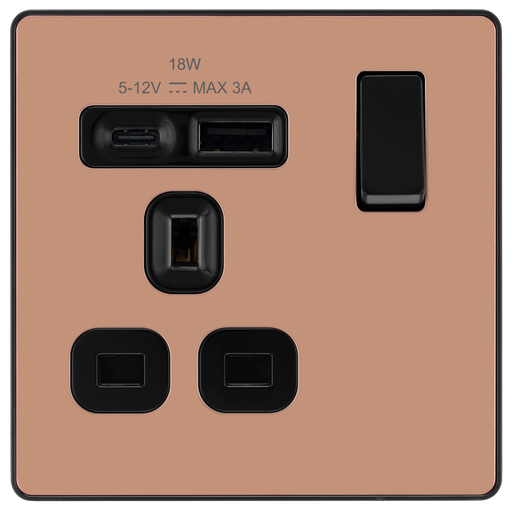 BG Electrical Evolve Polished Copper - Single, switched, single pole, with 1 x USB A + 1 x USB C