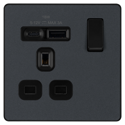 BG Electrical Evolve Matt Grey - Single, switched, single pole, with 1 x USB A + 1 x USB C