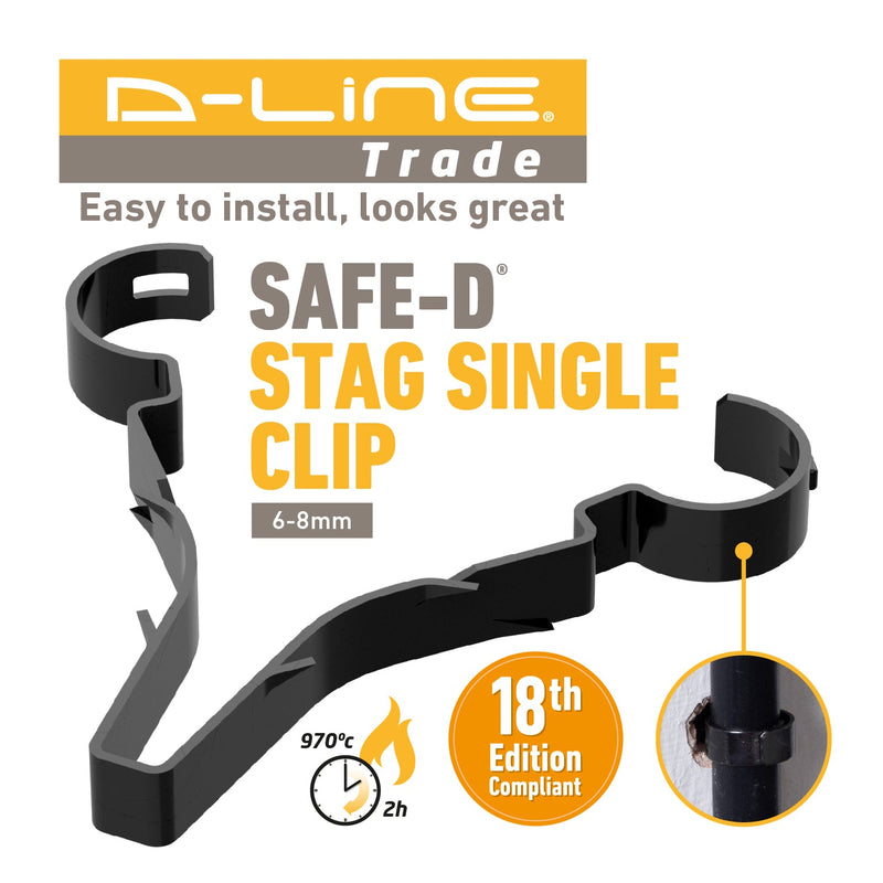 D-Line Fire Clip - Safe-D Stag-Clip for 1x 6-8mm φ cable. Single, Black - Pack of 100