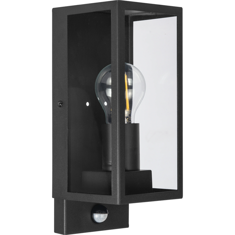 Luceco Azurar Coach Lantern - Exterior Decorative Wall Glass Lanten Single with PIR motion Sensor IP44 E27 Lamp included Black