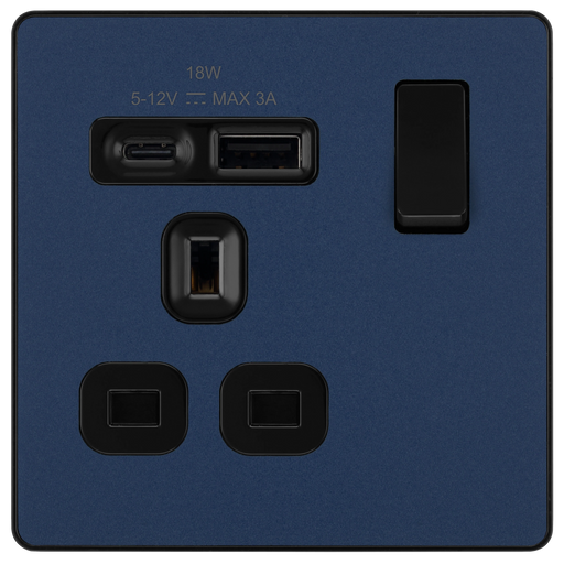 BG Electrical Evolve Matt Blue - Single, switched, single pole, with 1 x USB A + 1 x USB C
