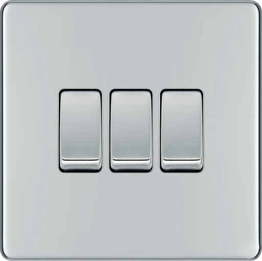 BG Electrical Flatplate Screwless Polished Chrome - Triple, 2 way switch