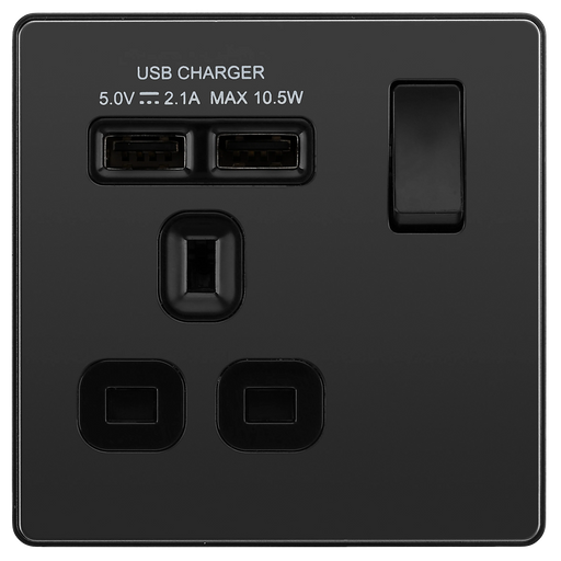 BG Electrical Evolve Black Chrome - Single, switched, single pole, with 2 x USB A