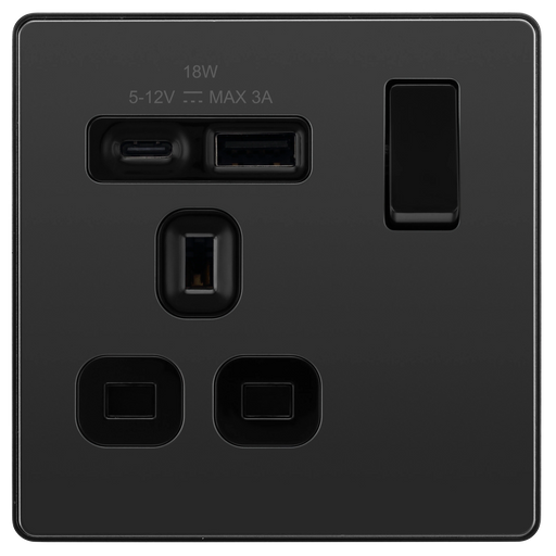 BG Electrical Evolve Black Chrome - Single, switched, single pole, with 1 x USB A + 1 x USB C