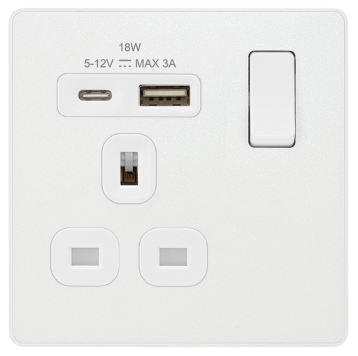 BG Electrical Evolve Pearlescent White - Single, switched, single pole, with 1 x USB A + 1 x USB C