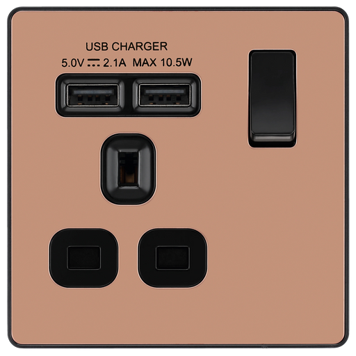BG Electrical Evolve Polished Copper - Single, switched, single pole, with 2 x USB A