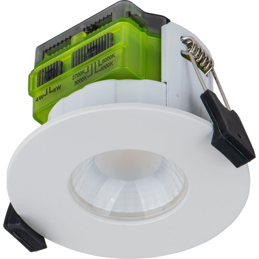 Luceco Ftype MK2 Fire Rated Downlight 4W/6W 750lm Power Change with 4Colour CCT 2700, 3000, 4000K, 6000K Dimmable IP65 White bezel - Flat