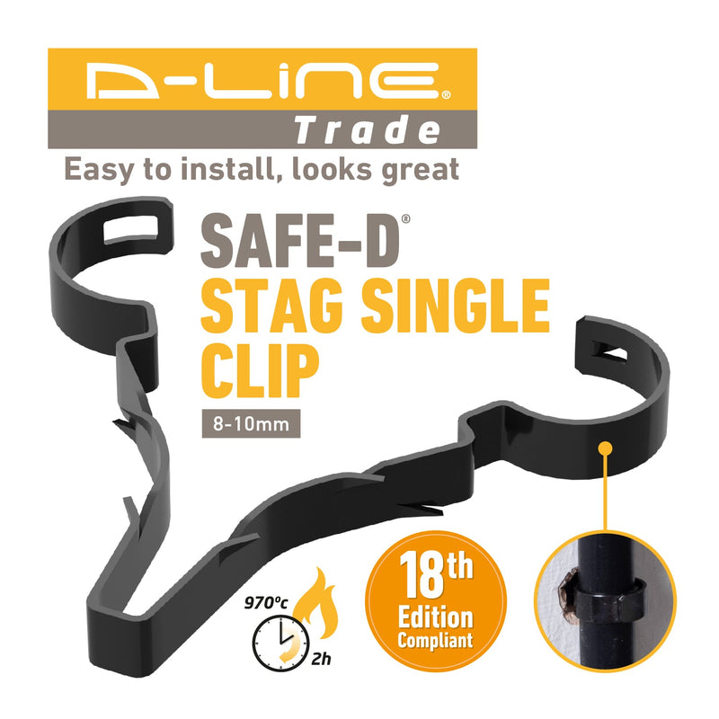 D-Line Fire Clip - Safe-D Stag-Clip for 1x 8-10mm φ cable. Single, Black - Pack of 100