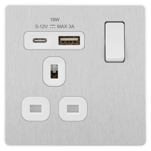 BG Electrical Evolve Brushed Steel - Single, switched, single pole, with 1 x USB A + 1 x USB C