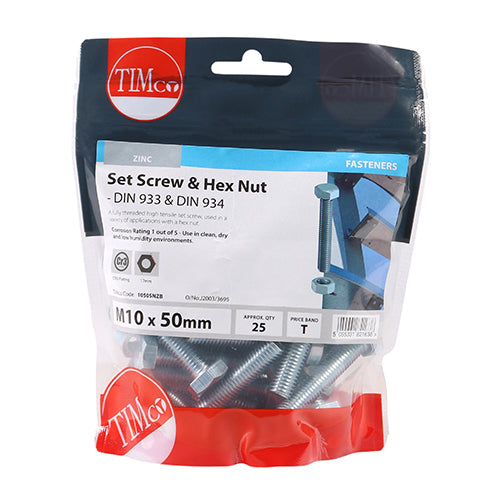 TIMCO Set Screws DIN933 Grade 8.8 & Hex Nut DIN934 Silver — Bag