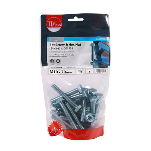 TIMCO Set Screws DIN933 Grade 8.8 & Hex Nut DIN934 Silver — Bag