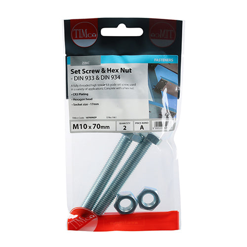 TIMCO Set Screws DIN933 Grade 8.8 & Hex Nut DIN934 Silver — Trade Pack