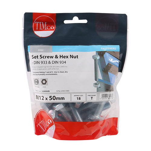 TIMCO Set Screws DIN933 Grade 8.8 & Hex Nut DIN934 Silver — Bag