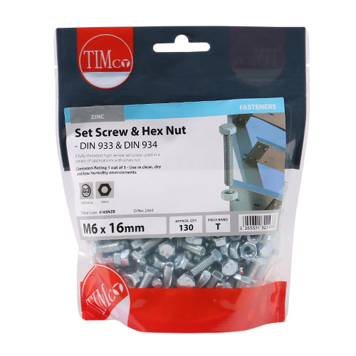 TIMCO Set Screws DIN933 Grade 8.8 & Hex Nut DIN934 Silver — Bag