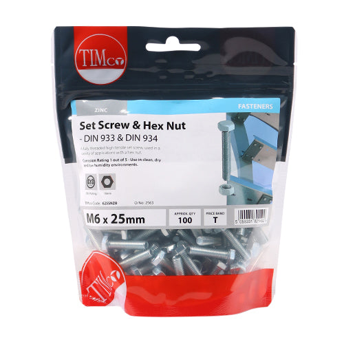 TIMCO Set Screws DIN933 Grade 8.8 & Hex Nut DIN934 Silver — Bag
