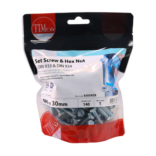 TIMCO Set Screws DIN933 Grade 8.8 & Hex Nut DIN934 Silver — Bag