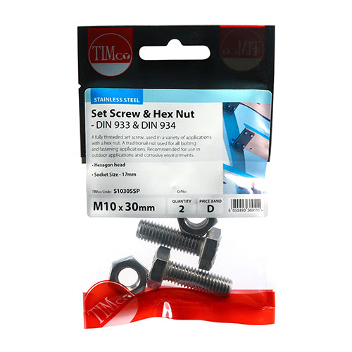 TIMCO Set Screws DIN933 Hex & Nut DIN934 Silver A2 Stainless Steel
