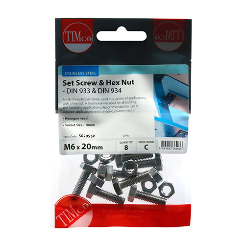 TIMCO Set Screws DIN933 Hex & Nut DIN934 Silver A2 Stainless Steel