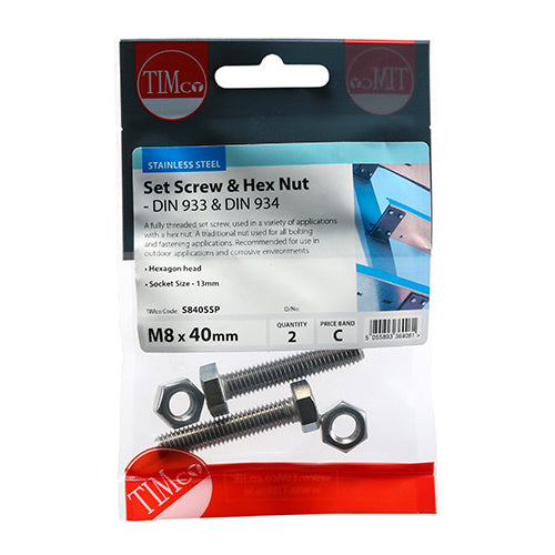 TIMCO Set Screws DIN933 Hex & Nut DIN934 Silver A2 Stainless Steel