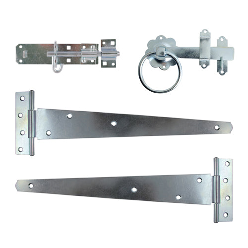 TIMCO Side Gate Kit Medium Tee Hinges Ring Latch & Brenton Padbolt Hot Dipped Galvanised - 18"