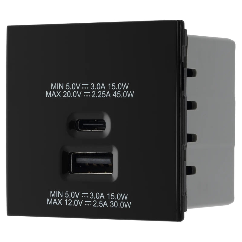 BG Electrical Euro Module - 45W USB A+C Euro Module - Black