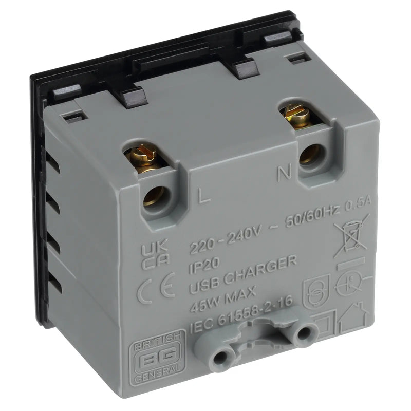 BG Electrical Euro Module - 45W USB A+C Euro Module - Black
