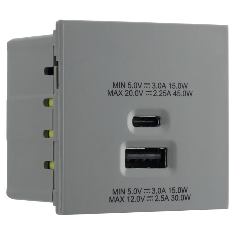 BG Electrical Euro Module - 45W USB A+C Euro Module - Grey