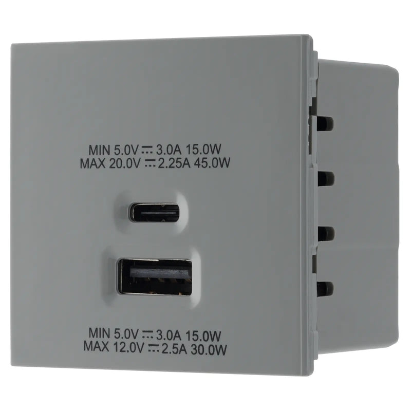 BG Electrical Euro Module - 45W USB A+C Euro Module - Grey