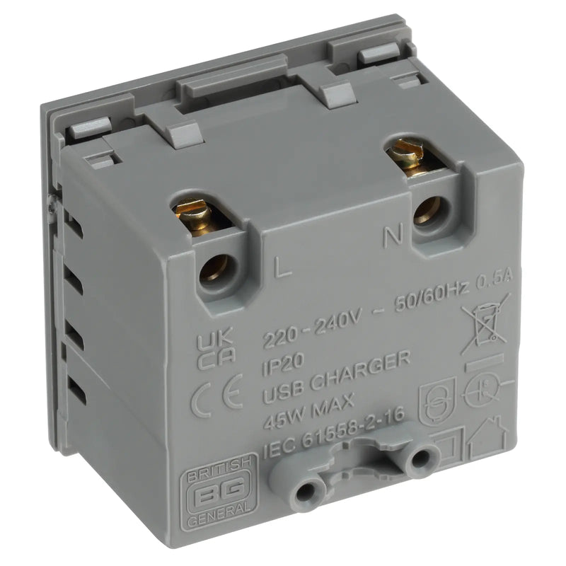 BG Electrical Euro Module - 45W USB A+C Euro Module - Grey