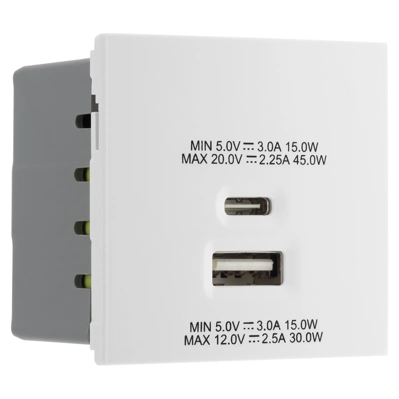 BG Electrical Euro Module - 45W USB A+C Euro Module - White