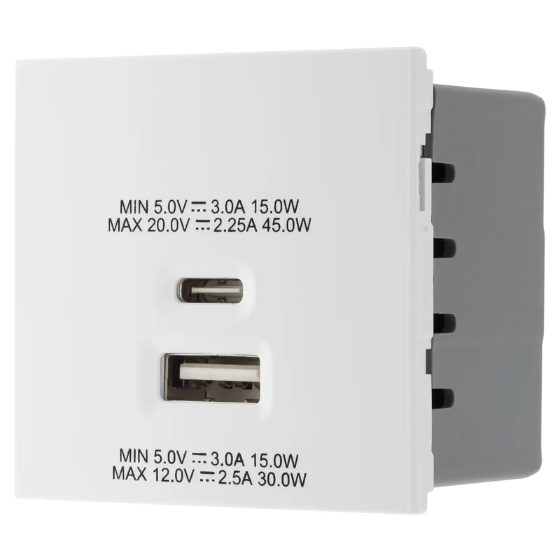 BG Electrical Euro Module - 45W USB A+C Euro Module - White