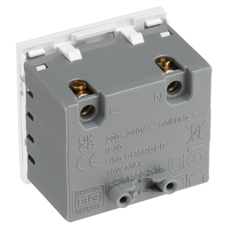 BG Electrical Euro Module - 45W USB A+C Euro Module - White