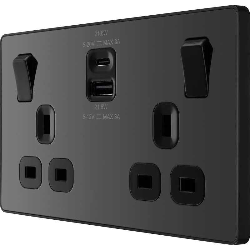 BG Electrical Evolve Black Chrome - Double switched single pole, with USB A + C (22W)
