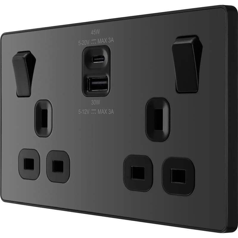 BG Electrical Evolve Black Chrome - Double switched single pole, with USB A + C (45W)
