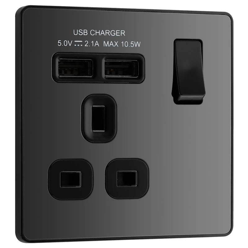 BG Electrical Evolve Black Chrome - Single, switched, single pole, with 2 x USB A