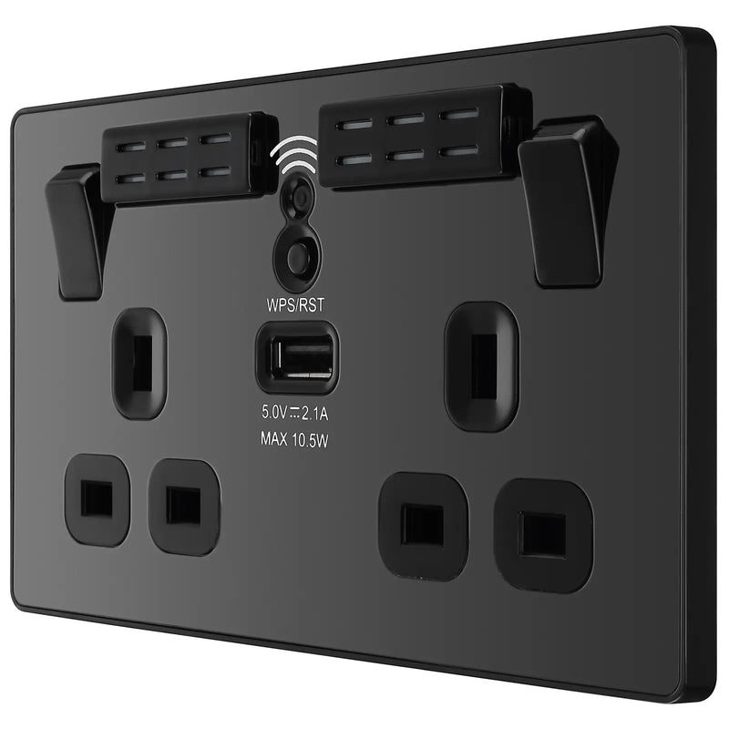 BG Electrical Evolve Black Chrome - Double, switched, single pole, WiFi Extender + USB A