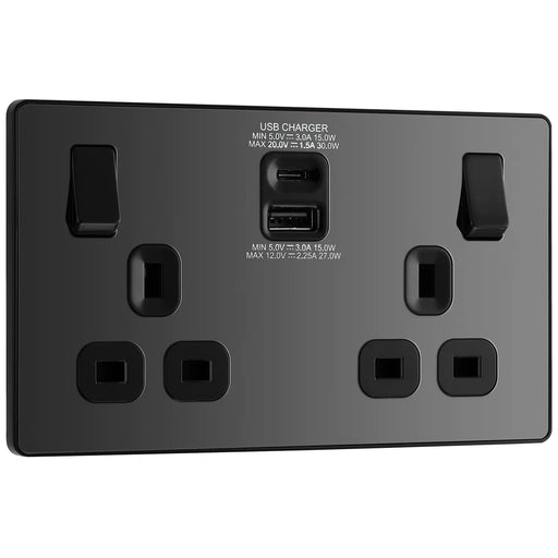 BG Electrical Evolve Black Chrome - Double, switched, single pole, with 30W fast charge USB A + USB C